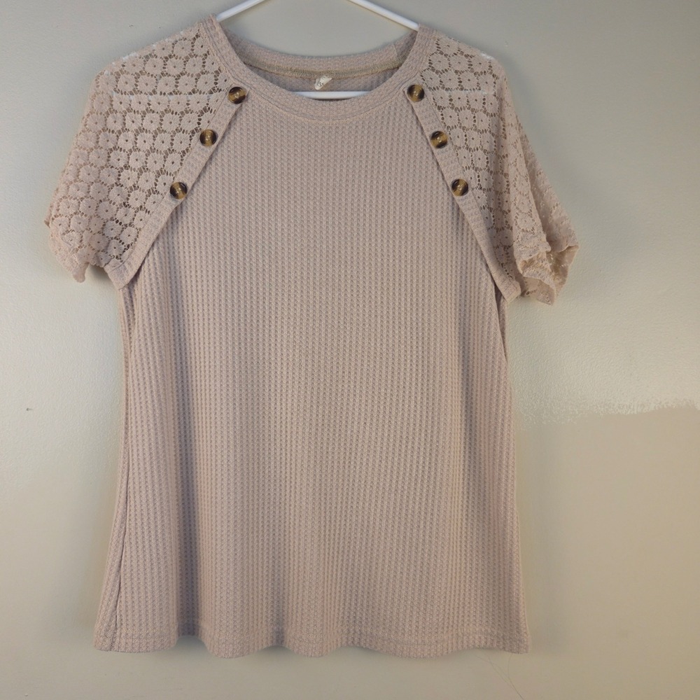 Evaless Womens Beige Waffle Knit Top Lace Crochet Short Sleeve Button Accent M
